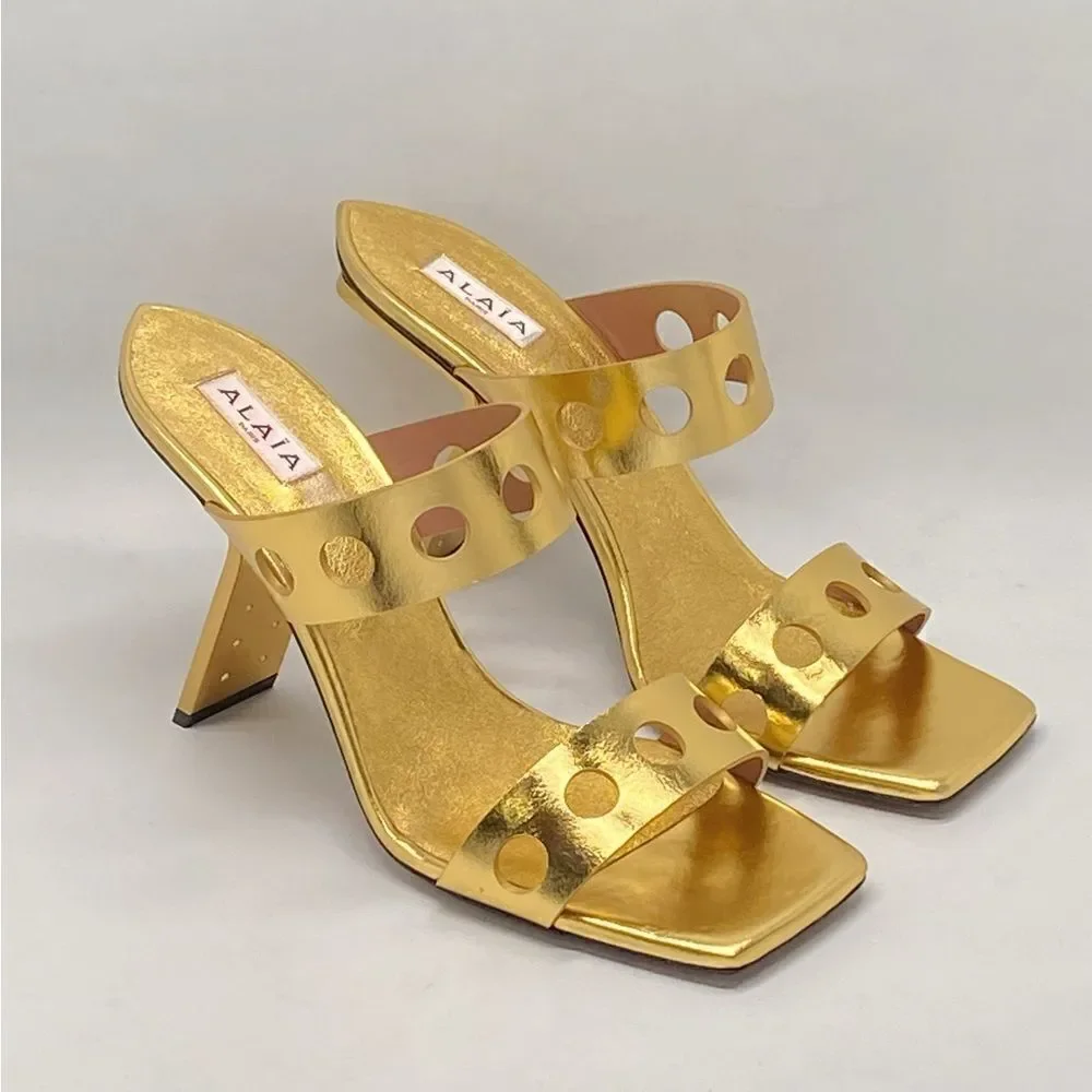 Alaia Perforated Metallic Square Toe Mules Sandal size 40.5